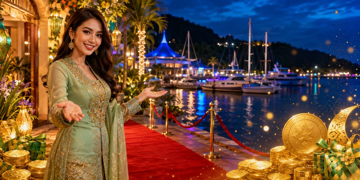 Suasana permainan baccarat semasa perayaan Hari Raya di Langkawi dengan dekorasi perayaan Melayu